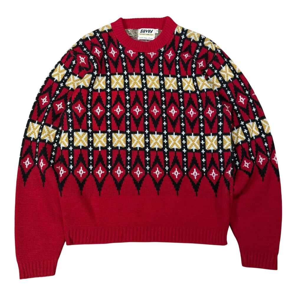 Vintage Red Fair Isle Geometric Knit Sweater Black Gold Pattern 1980s Size M